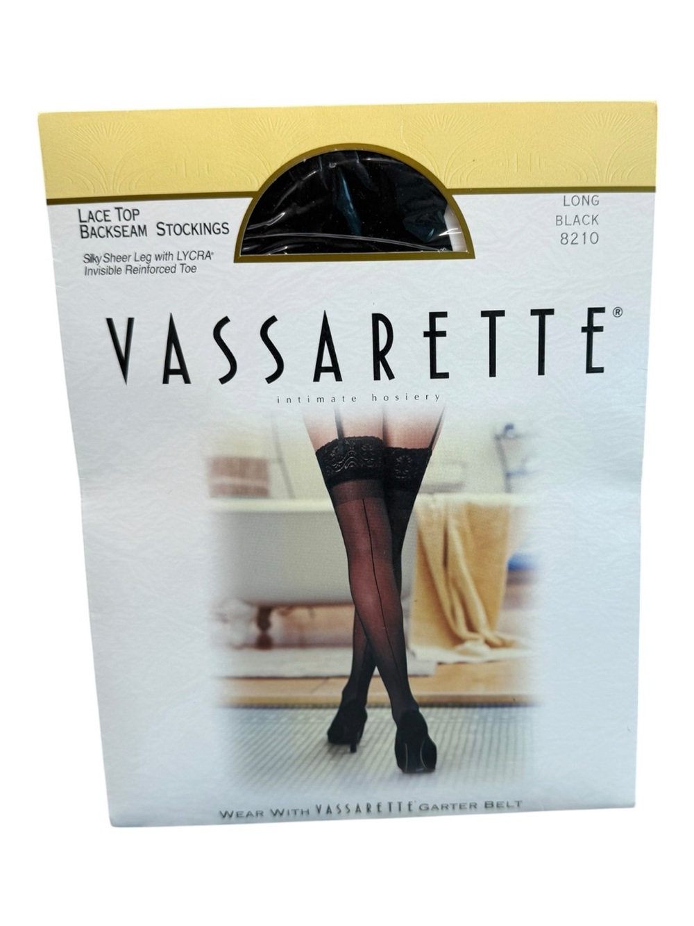 Vassarette Lace Top Backseam Thigh High Stockings Size Long Black 8210 NOS
